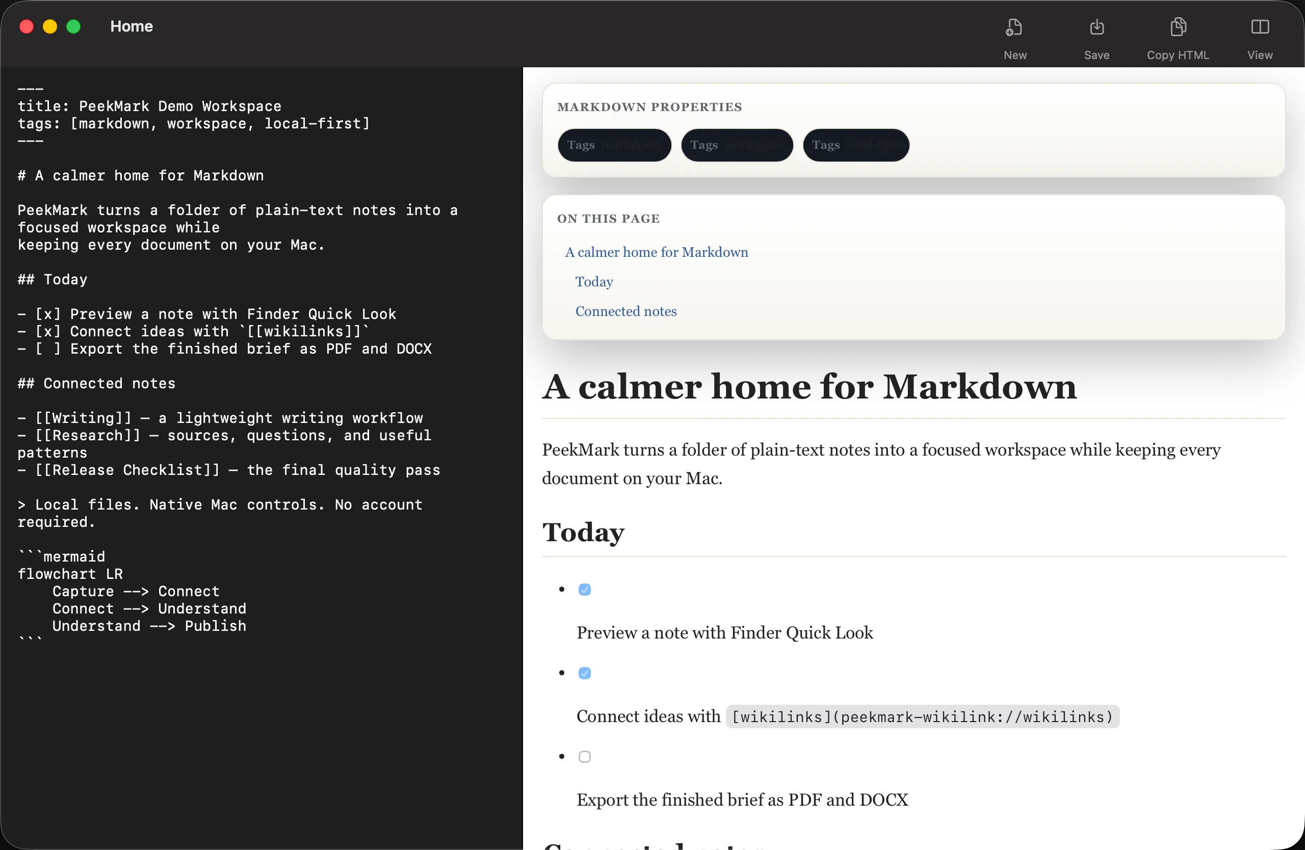 PeekMark displaying Markdown source and its native rendered preview side by side