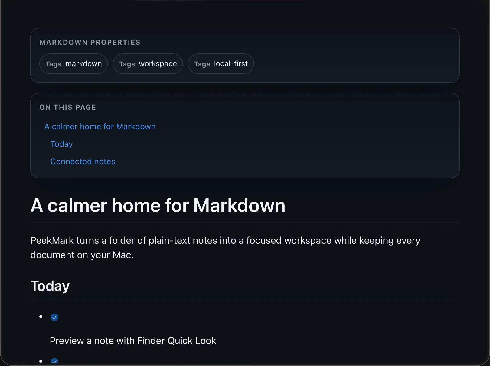 A Markdown file previewed from Finder with PeekMark Quick Look