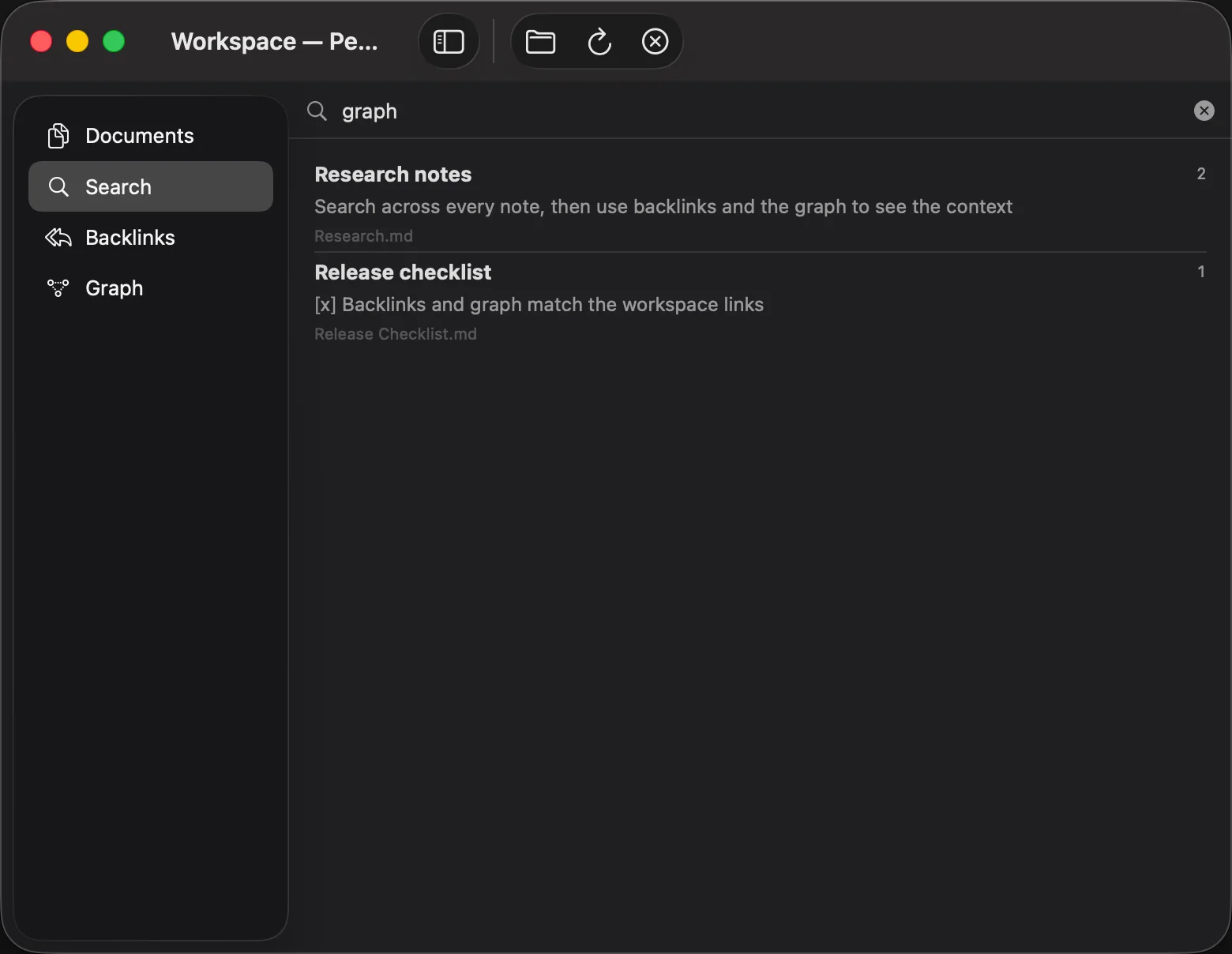 PeekMark advanced search results across a local Markdown workspace