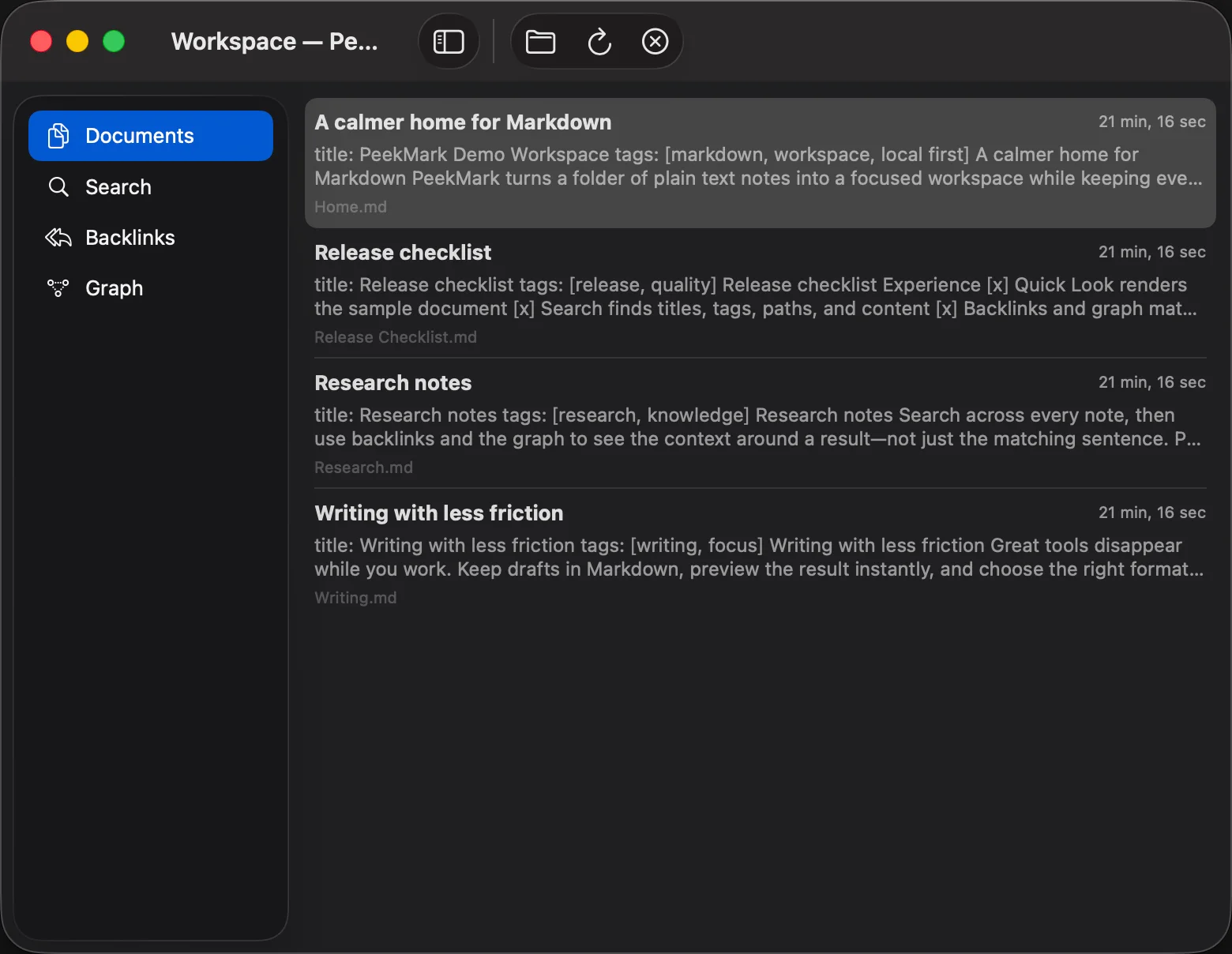 PeekMark local Markdown workspace with document navigation and rendered content